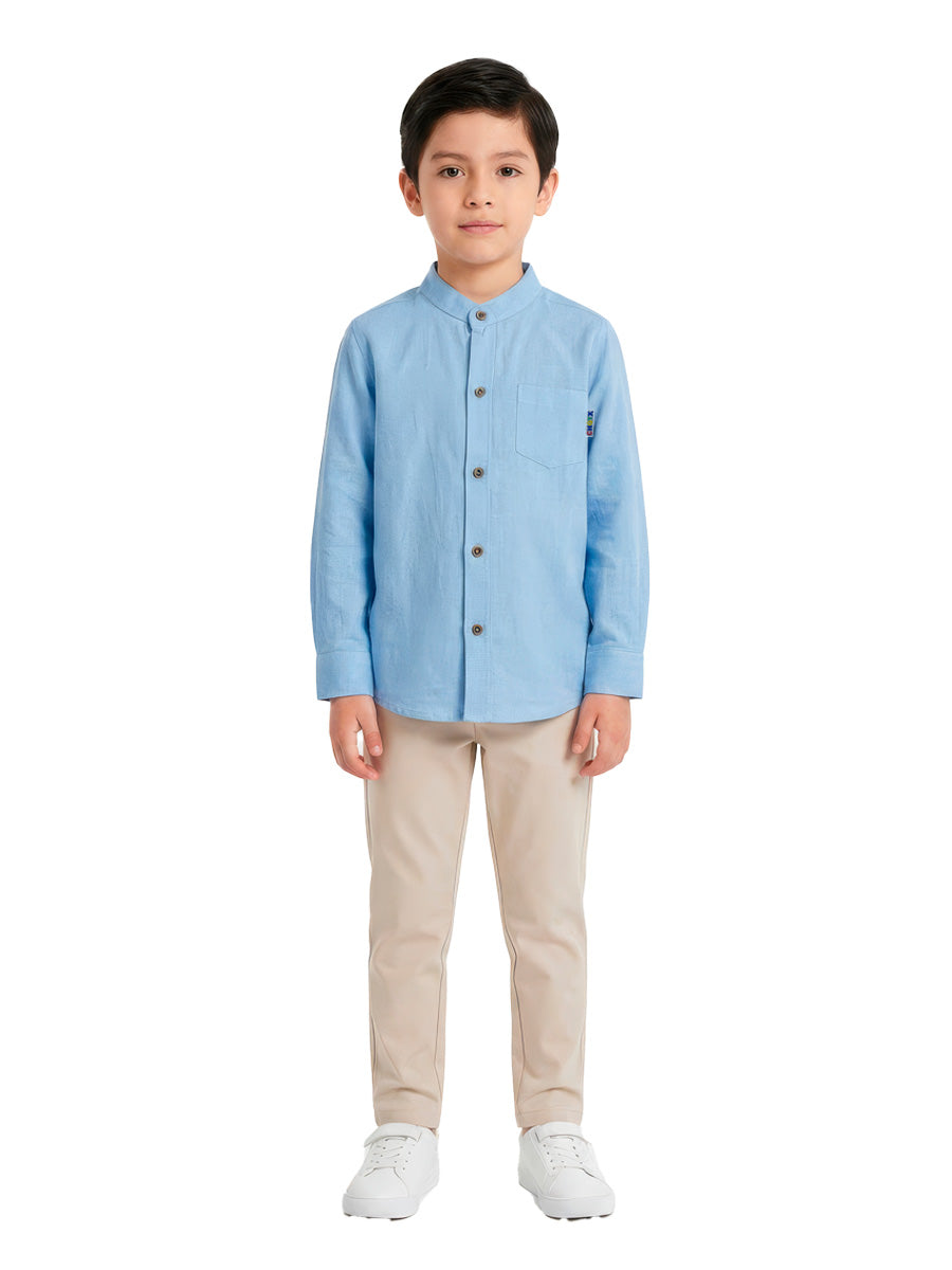 Camisa Lino Manga Larga para niños – color Celeste, detalle 1